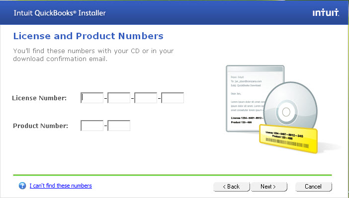 Install quickbooks using license number search